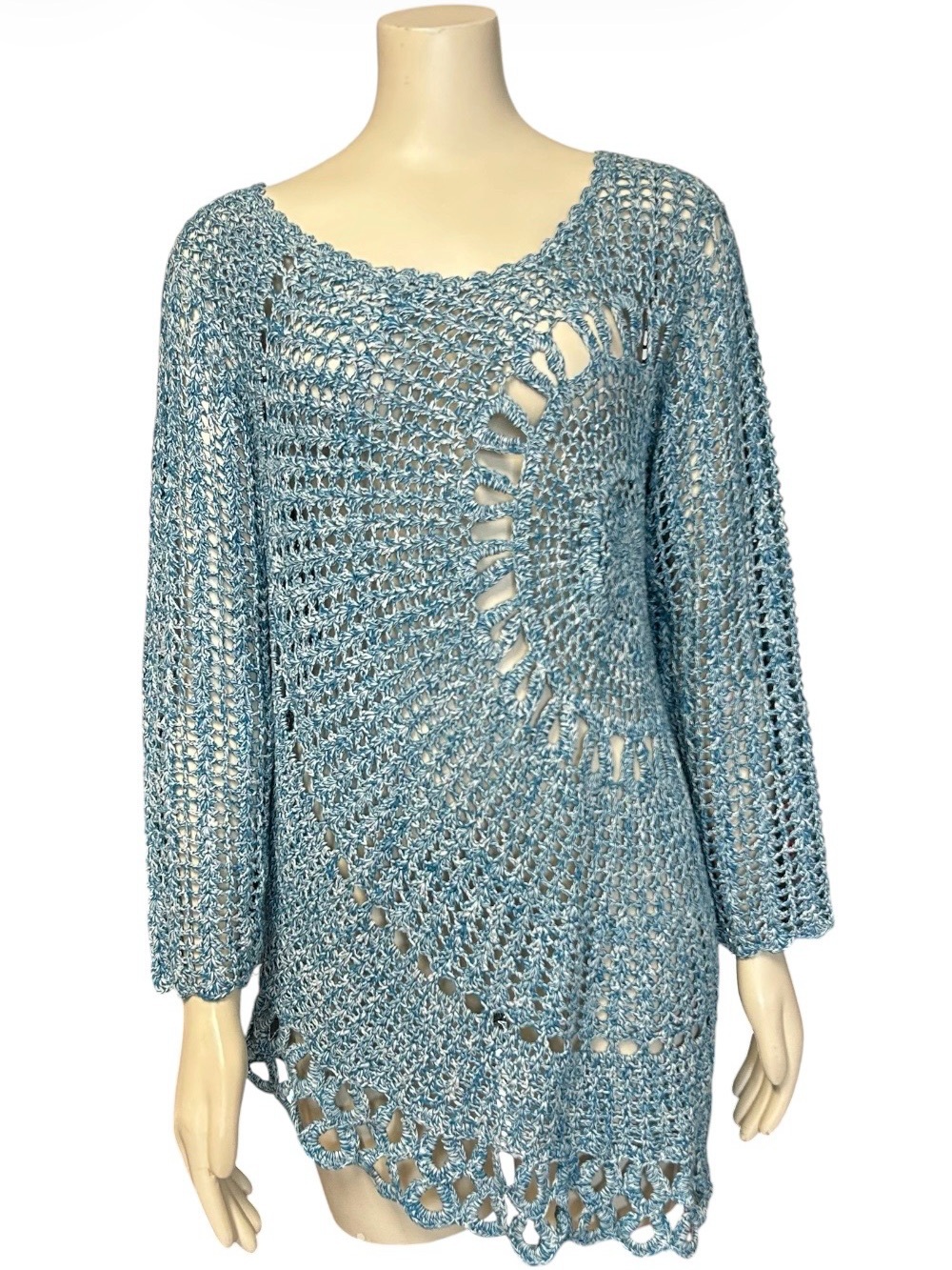 Norm Thompson Womens Large Blue White Crochet Open Knit Asymmetrical Sweater